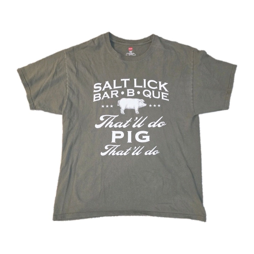Hanes Tagless Men's L Green Salt Lick Bar-B-Que Pig Graphic Crew Neck T-Shirt